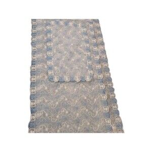 Vintage 3 Pc Dresser Scarf Set with Floral Embroidery Scroll Blue White Sheer